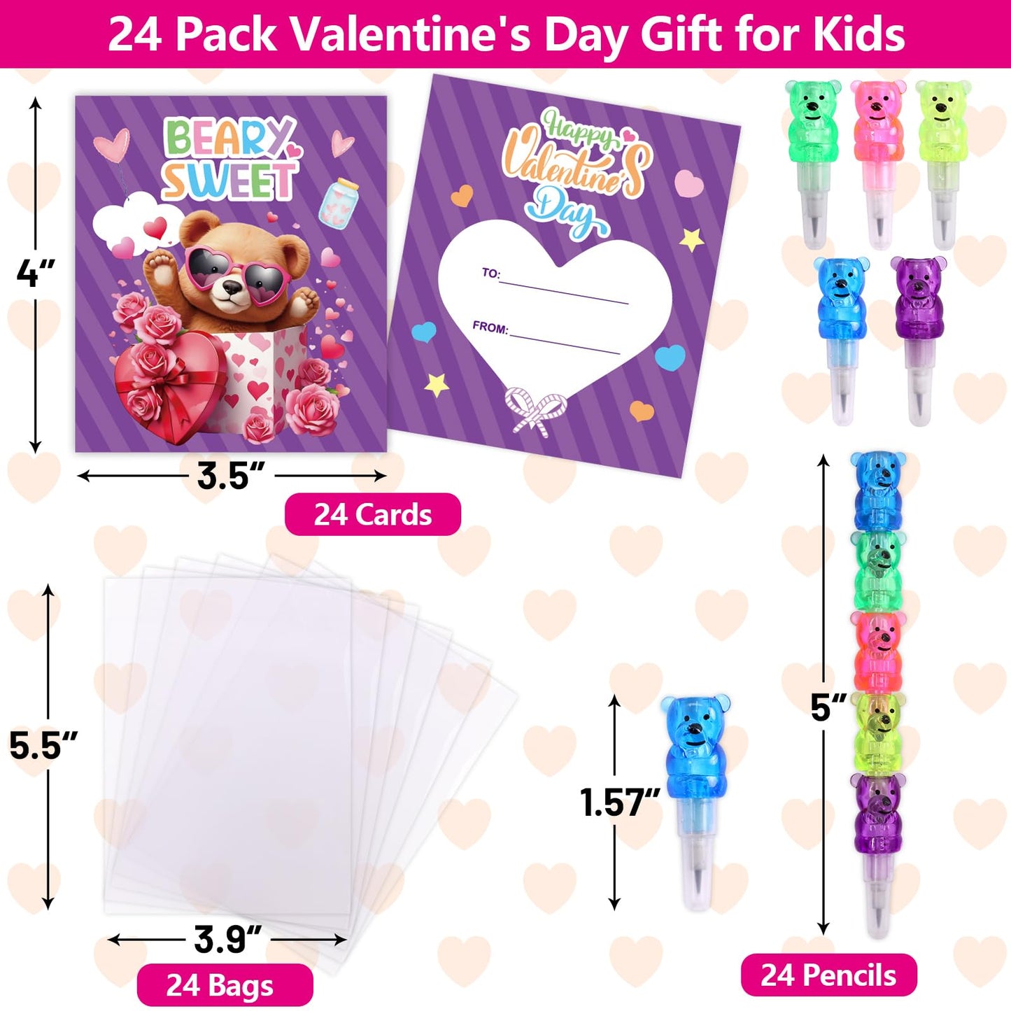 ceiba tree Valentines Day Stationery Gift Set for Kids Valentines Day Pencils with Cards Assorted Plastic Stacking Bear Pencils