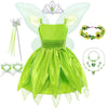Aunc Green Fairy Princess Dresses For Girls Clothes Costume Kids Tinker Bell Cosplay Set Flower Carnival Halloween Birthday Part