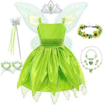 Aunc Green Fairy Princess Dresses For Girls Clothes Costume Kids Tinker Bell Cosplay Set Flower Carnival Halloween Birthday Part