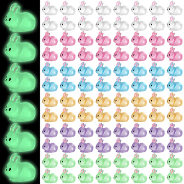Suzile 98 Pcs Easter Luminous Mini Resin Bunny 6 Colors Tiny Small Glow in The Dark Rabbit Miniature Bunnies Figures for Garden Miniature Moss Landscape Decor Easter Egg Fillers Party Favors