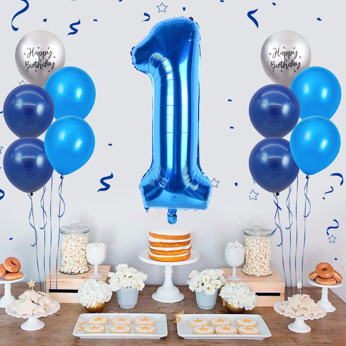40 Inch Blue Number 1 Balloon, 1St Birthday Balloons, 11Pcs Silver Birthday Print Balloons Dark Light Blue Latex Balloons 1 Foil