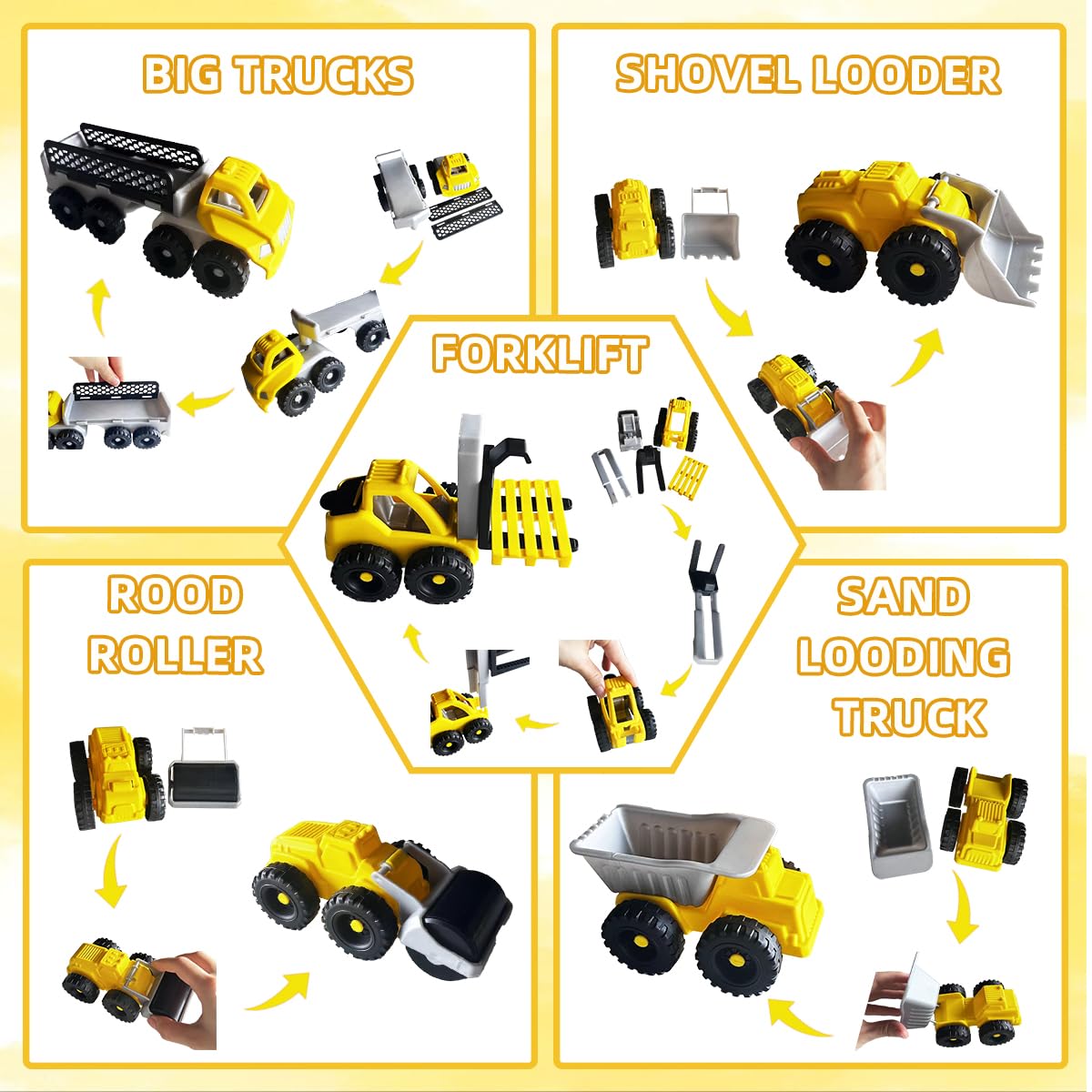 BEIREG Magic Sand Construction Kit, 3lbs Sand with Sandbox, 5 Detachable Construction Vehicles, 4 Brick Molds, 7 Castle Molds, 8