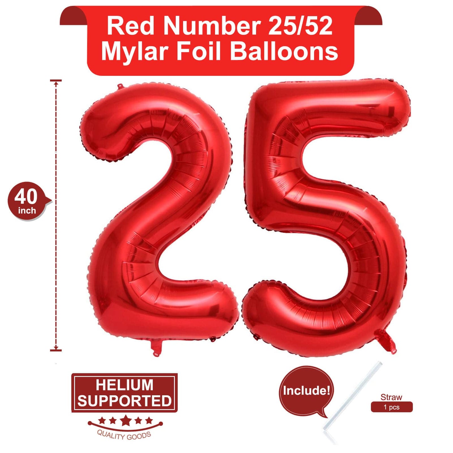 LHOAVWE 40 Inch Red Foil Mylar Number 25 Balloons - Jumbo Helium Birthday Party Decorations