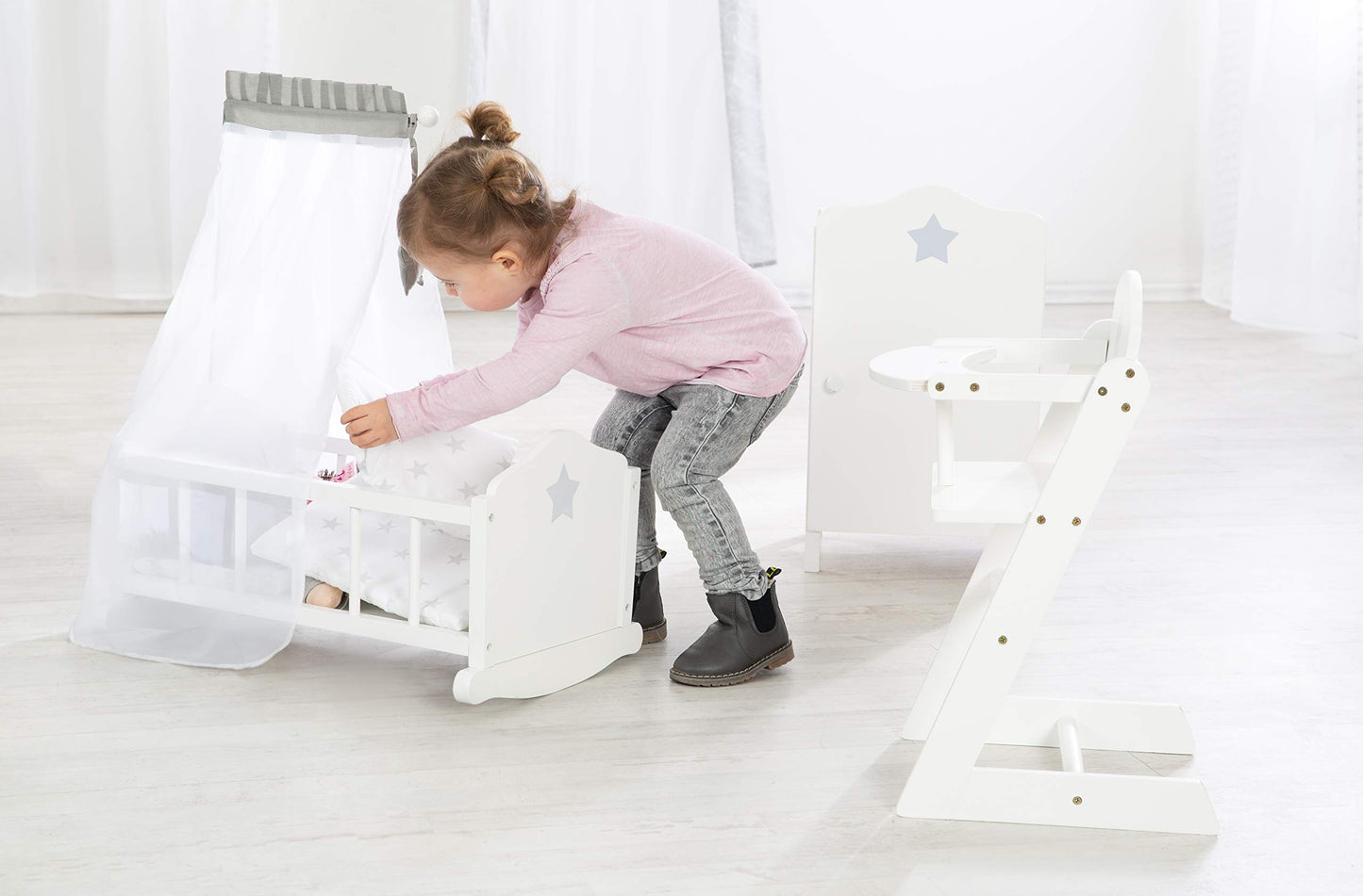 Roba Doll Cradle Set: Stella - Star, Gray & White - Includes Hanging Mobile, Pillow, Blanket & Canopy, Children'S Pretend Play, Ages 3+