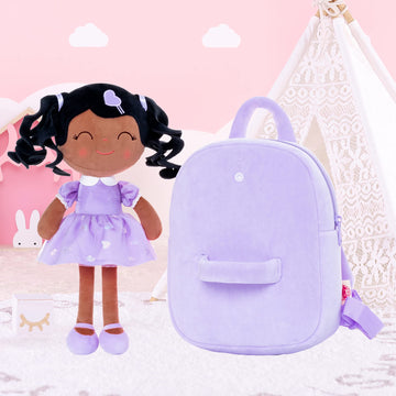 Gloveleya Toddler Backpack Baby Girl Gift Plush Bag Diaper Bag With Spring Girl Doll Curly Hair Girl Toys With Love Brown Purple 9 Inches
