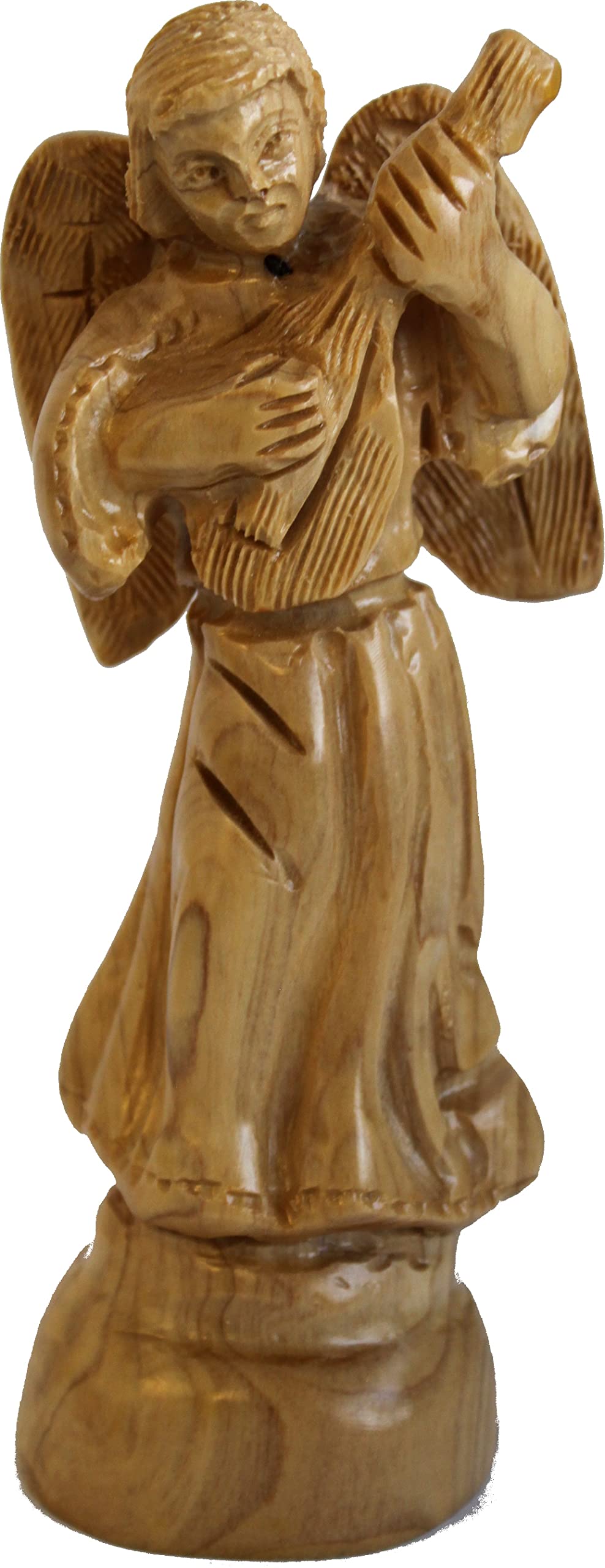 Angel Playing Music - Carved In Olive Wood, Carved Faces And Details Style (17.5 Cm Or 7 Inches)