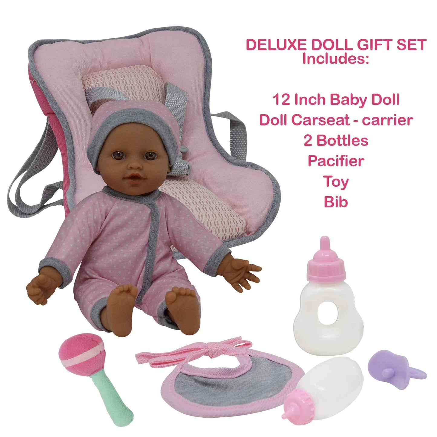 Doll Travel Playset - Baby Doll Car Seat Carrier Backpack With 12 Inch Soft Body Doll Includes Doll Bottles And Toy Accessories … (Hispanic)