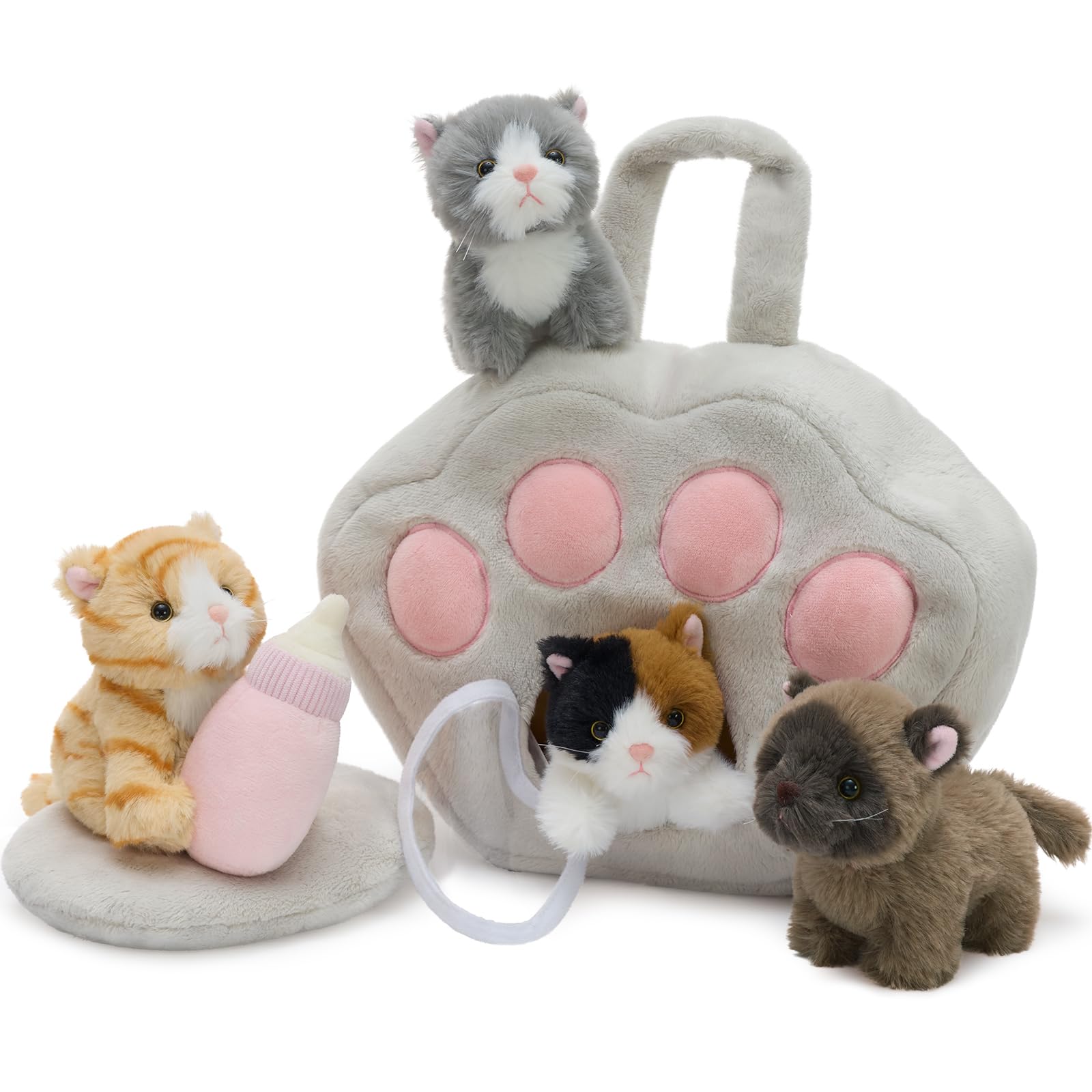 Tezituor 7Pcs Cat Stuffed Animal Set,Plush House with 4 Soft Realistic Kitten Toys,Cats Plushies for Kids Christmas Birthday Hal