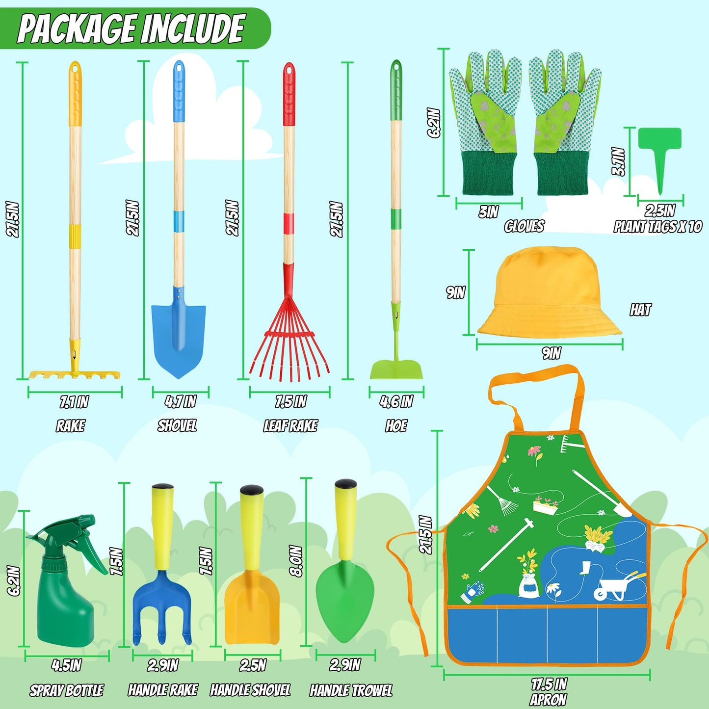 Magic4U Kids Gardening Tools Set, 22 Pcs Metal Garden Tools Toys For Kids With Apron, Gloves, Wood Handle Shovel, Rake, Hoe And Leaf Rake, Outdoor Digging Toys Gifts For Kids Age 3+