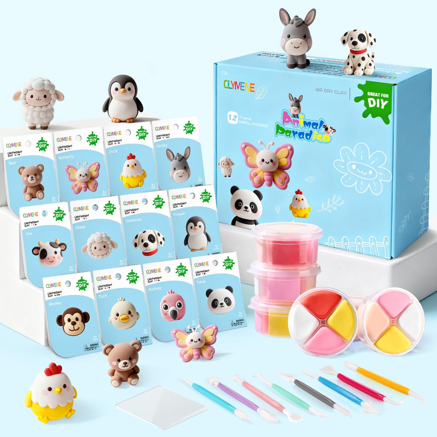 CLYMENE Air Dry Clay Kit for Kids, 12 Animals Modeling Clay with Tools & Tutorials, Arts and Crafts Creative Toys for Boys and G