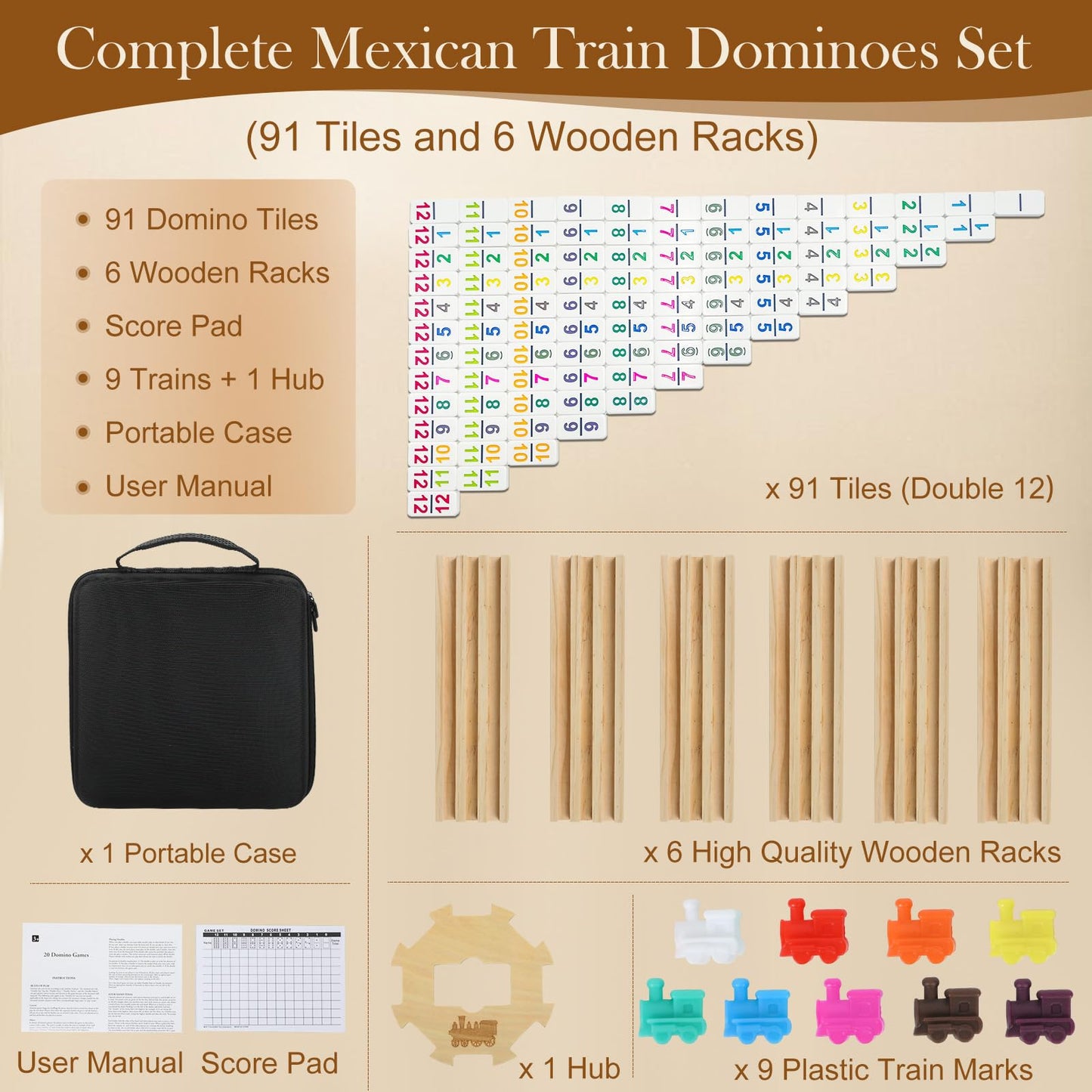 Soopotay 2-6 Players Mexican Train Dominoes Set With Numbers, 6 Wooden Racks, 91 Tiles, Portable Case, Dominos Set For Adults, B