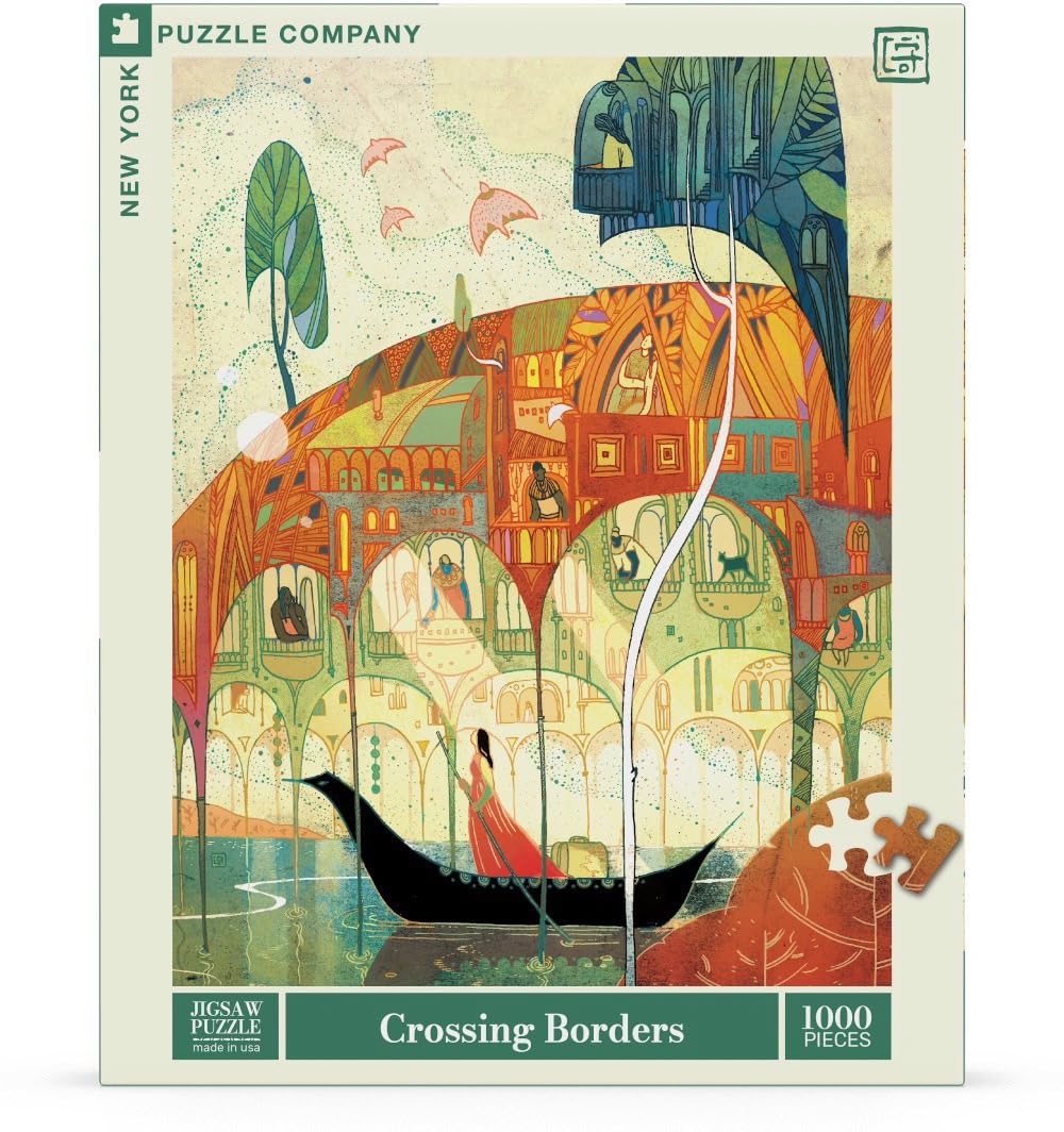 New York Puzzle Company 1000 Piece Jigsaw Puzzle - Victo Ngai Crossing Borders - Cardboard - Blue and Green - Family Game Night Fun