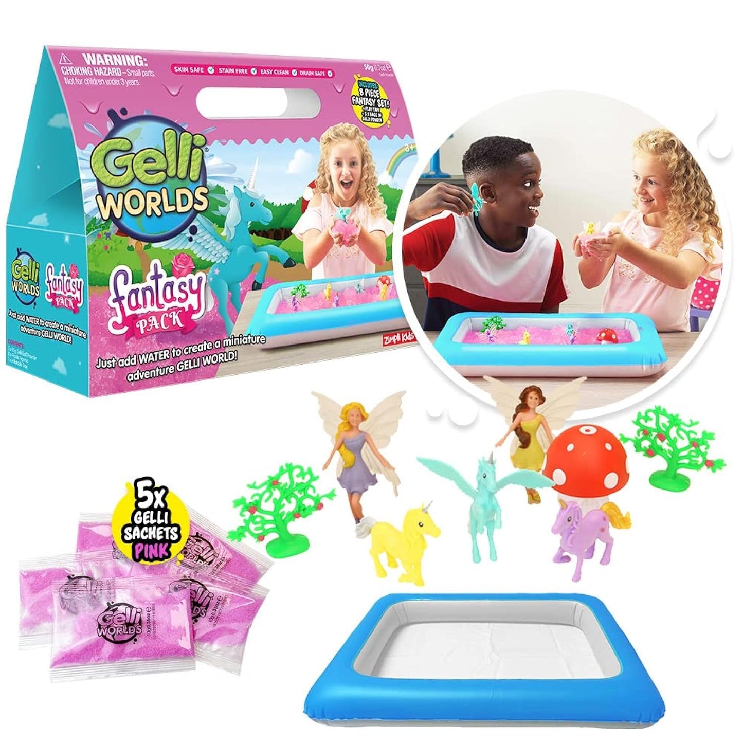 Zimpli Kids Gelli Adventures Fantasy Pack - 8 Fantasy Figures, Inflatable Tray, Sensory Playset for Children, Ideal Birthday Gift