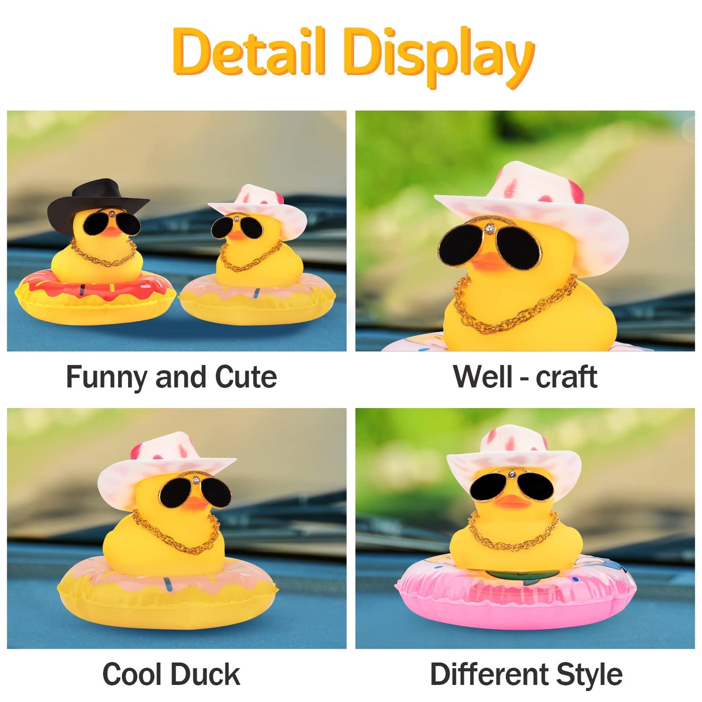 Wonuu Swim Ring Rubber Ducks With Mini Diamond Glasses Hat Necklace For Cars Dashboard Decorations Car Accessories Toy Duck Car Ornament, Cowboy Hat Black- Red Donut Swim Ring
