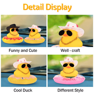 Wonuu Swim Ring Rubber Ducks With Mini Diamond Glasses Hat Necklace For Cars Dashboard Decorations Car Accessories Toy Duck Car Ornament, Cowboy Hat Black- Red Donut Swim Ring