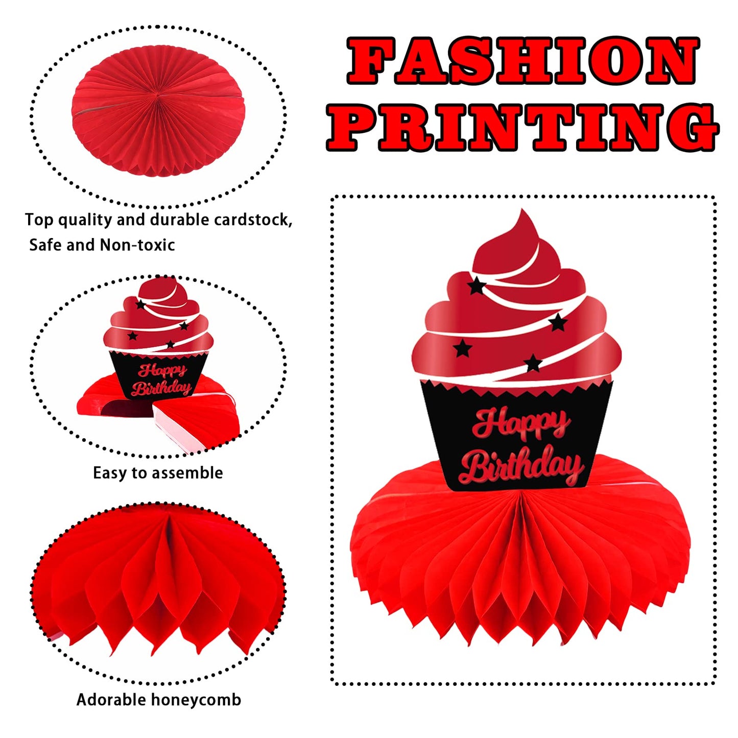 Happy 60th Birthday Red and Black Table Honeycomb Centerpieces Balloons Theme Decor Table Decorations Table Toppers for Girls Wo