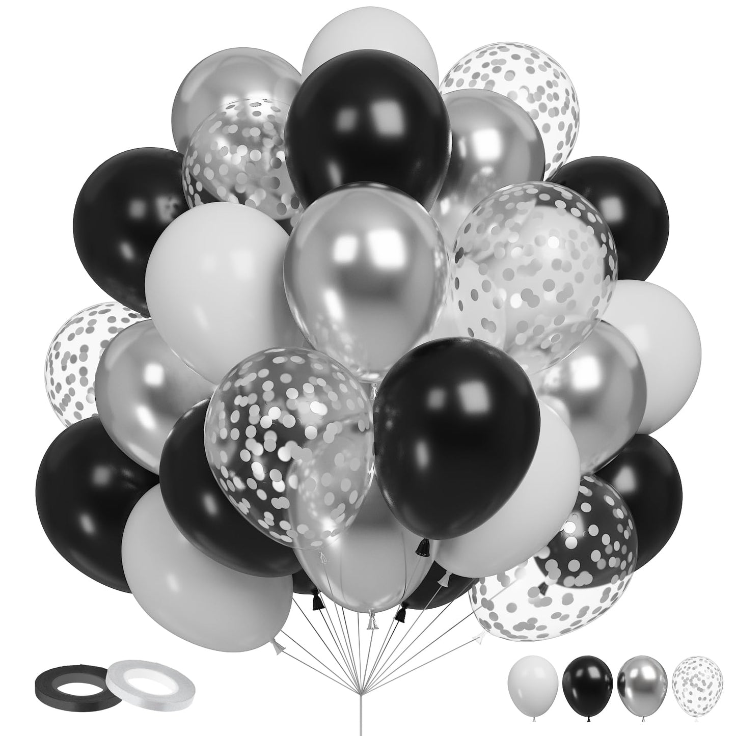 Funhot Black And Silver Balloons Set, 60Pcs Black Silver Party Balloon, 12Inch Matt Black Latex Balloons Metallic Silver Confett