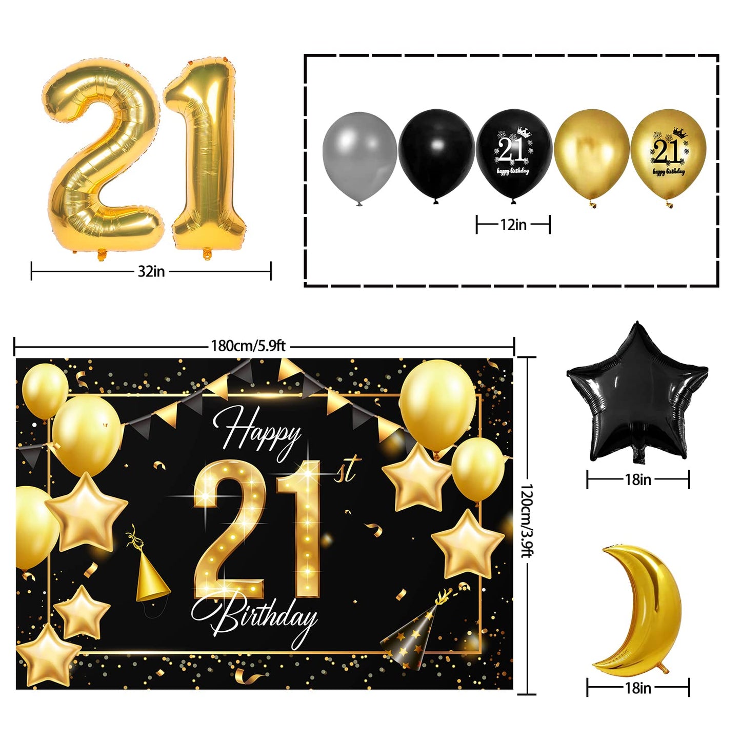 Happy 21St Birthday Balloons Gold Set Decor - Cheers To 21 Years Old Party Theme Garland Star Moon Banner Backdrop Decorations F