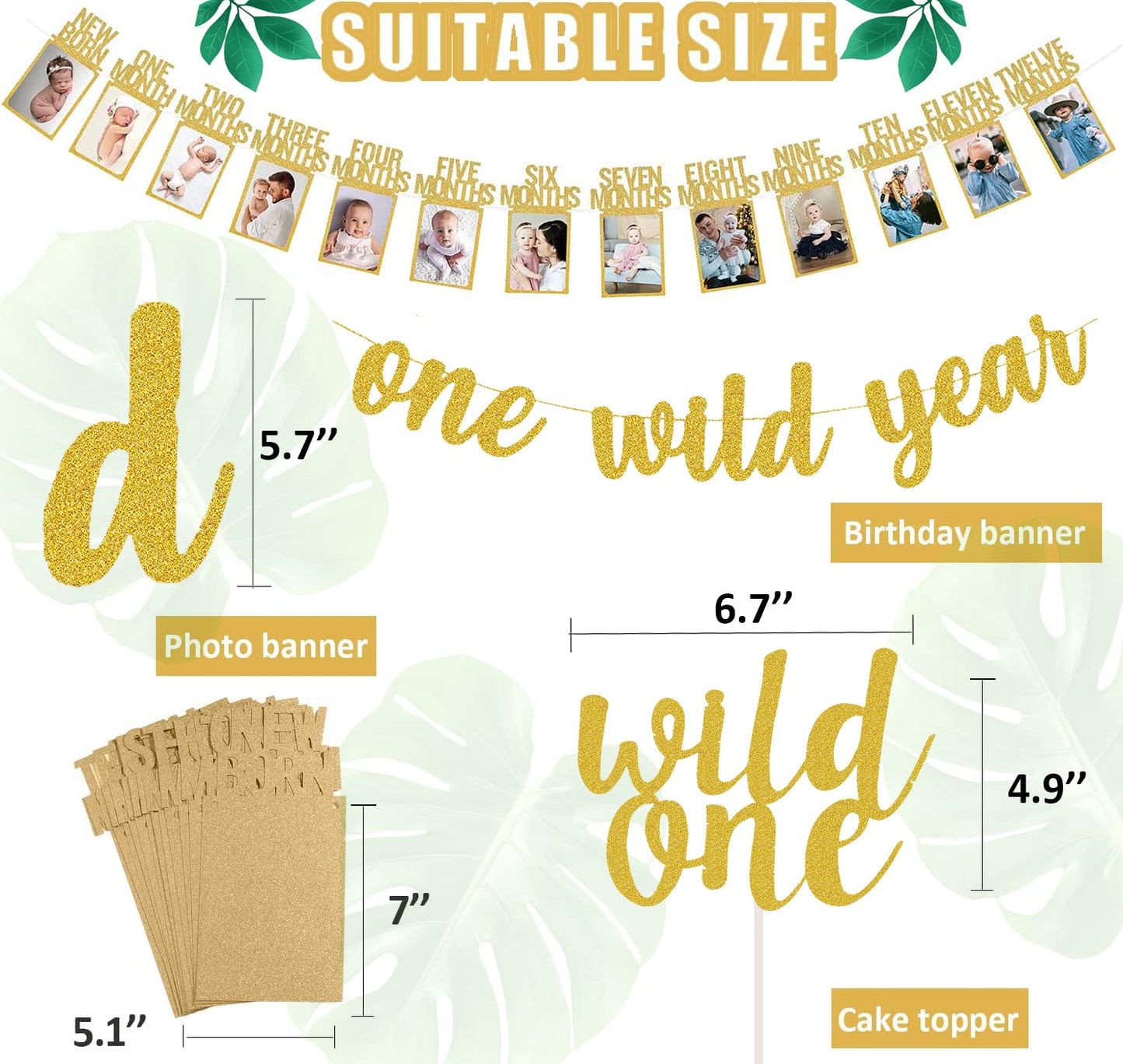 Wild One Birthday Decorations - Gold Glitter One Wild Year Banner + Baby 1St Birthday Photo Banner From Newborn To 12 Month - Sa