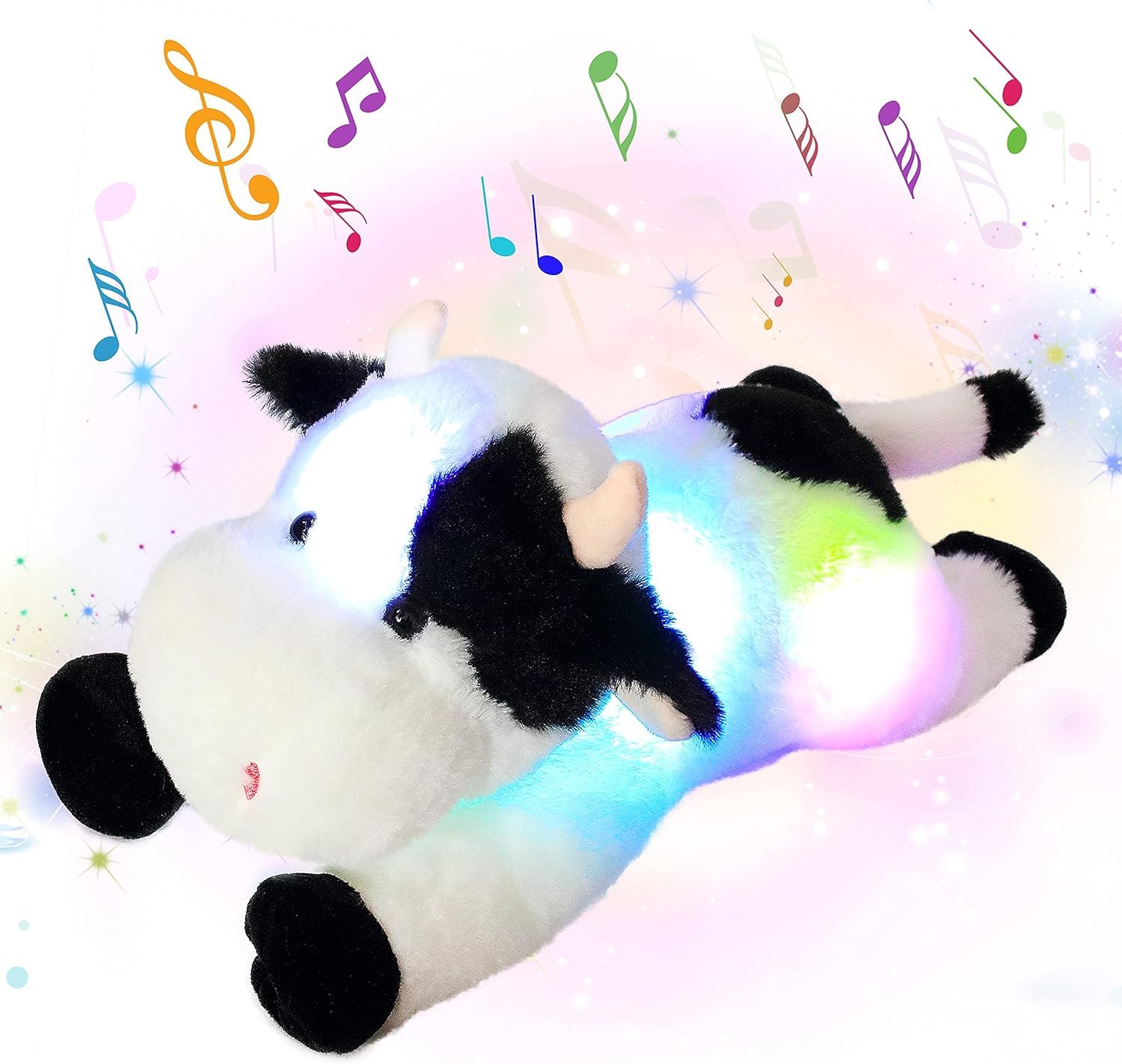 Cuteoy Musical Plush Cow Stuffed Animal Soft Glowing Led Light-Up Nightlight Toys Singing Lullabies Birthday Christmas Plushies Gifts For Kids Boys Girls,15.5'