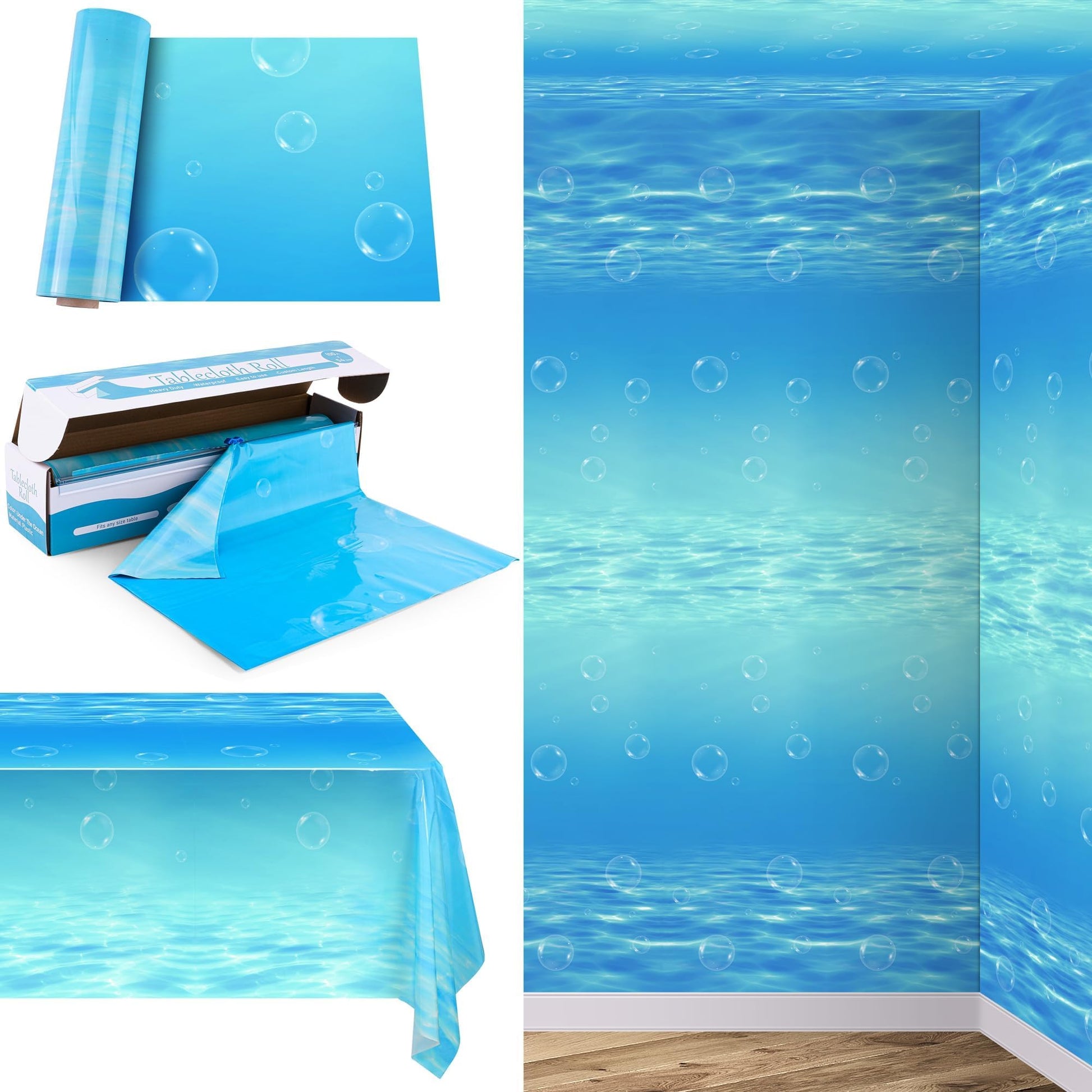 Kochorie 54 Inch x 200 Ft Ocean Waves Plastic Tablecloth Roll in Slide Cutter Box Under the Sea Table Cover Blue Water Print Bac