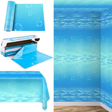 Kochorie 54 Inch x 200 Ft Ocean Waves Plastic Tablecloth Roll in Slide Cutter Box Under the Sea Table Cover Blue Water Print Bac