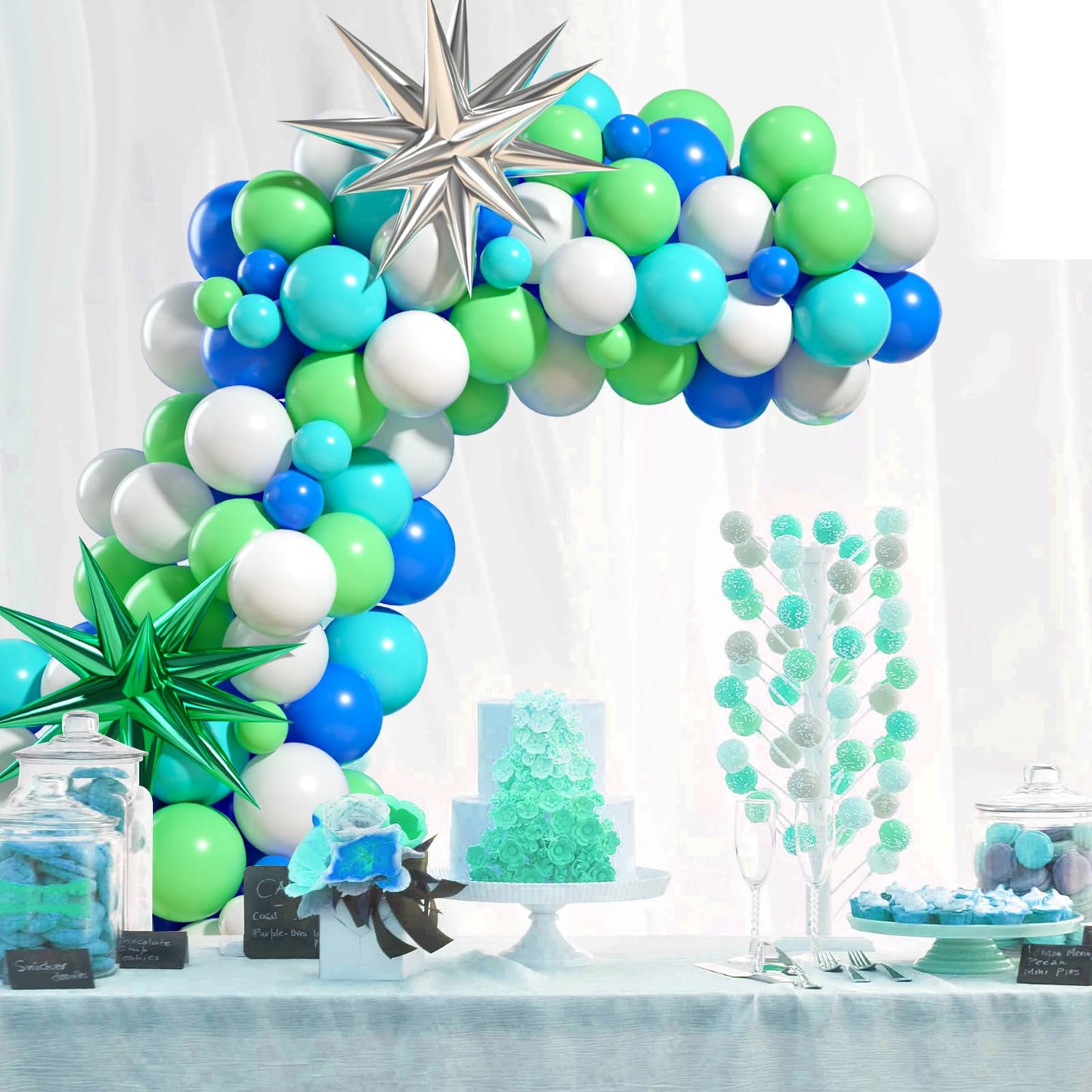 Blue Green White Balloon Arch Kit, Blue Green Balloon Arch With Green Blue White Latex Balloons, Green And Silver Star Foil Ball