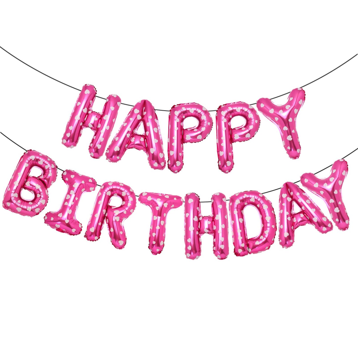 Accevo Pink Happy Birthday Banner - 16 Inch Mylar Foil Letters Balloons for Kids & Adults, Heart Pattern Decorations