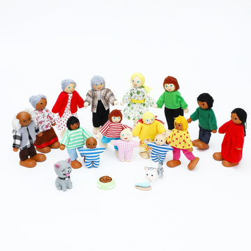 ONEST 20 Pieces Wooden Dollhouse Family Set Mini People Figures Dog Cat Sets Dollhouse Dolls Wooden Doll Family Pretend Play Fig