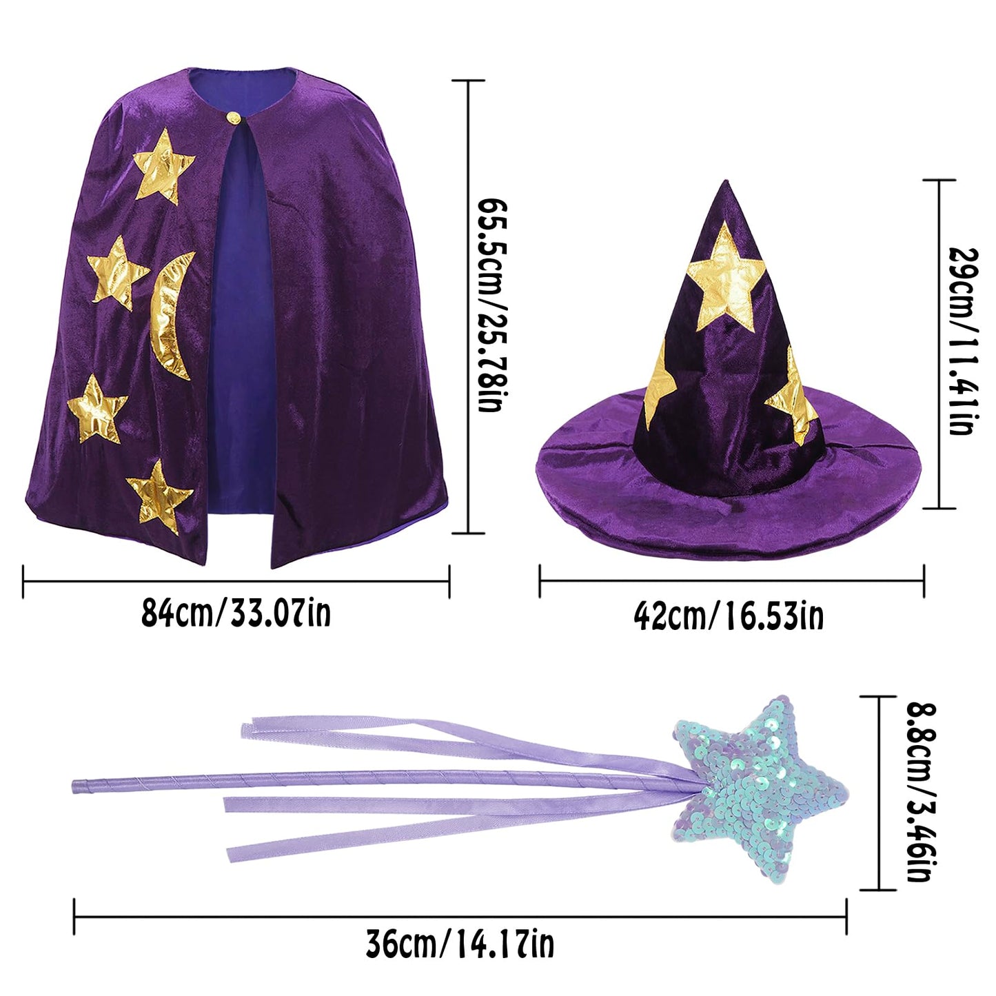 Kids Wizard Witch Cloak With Hat And Wand, Halloween Boys And Girls Cape Costume Props For Cosplay Party Fancy Dress (Purple)