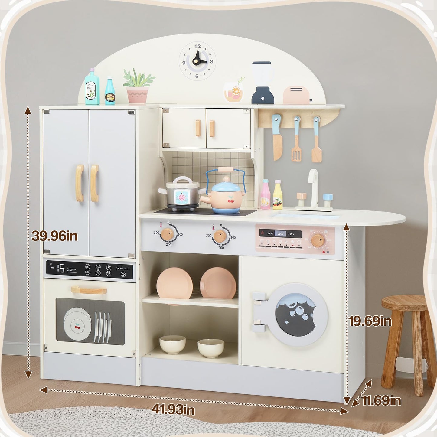 Ktaxon Wooden Play Kitchen For Kids, Pretend Kitchen Playset With Toy Double-Door Refrigerator, Storage Space & Cooking Set Acce