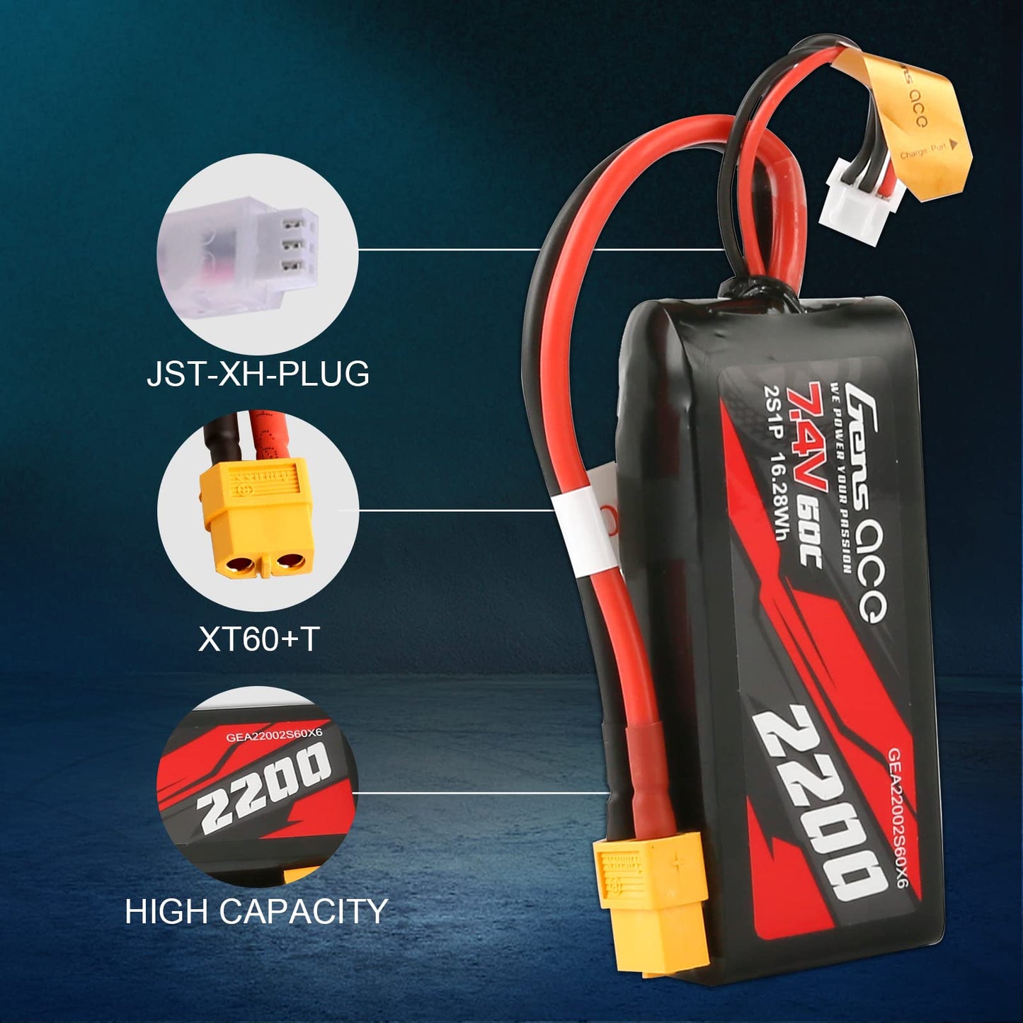Gens ace 2S Lipo Battery 7.4V 60C 2200mAh Lipo Battery with XT60 Plug