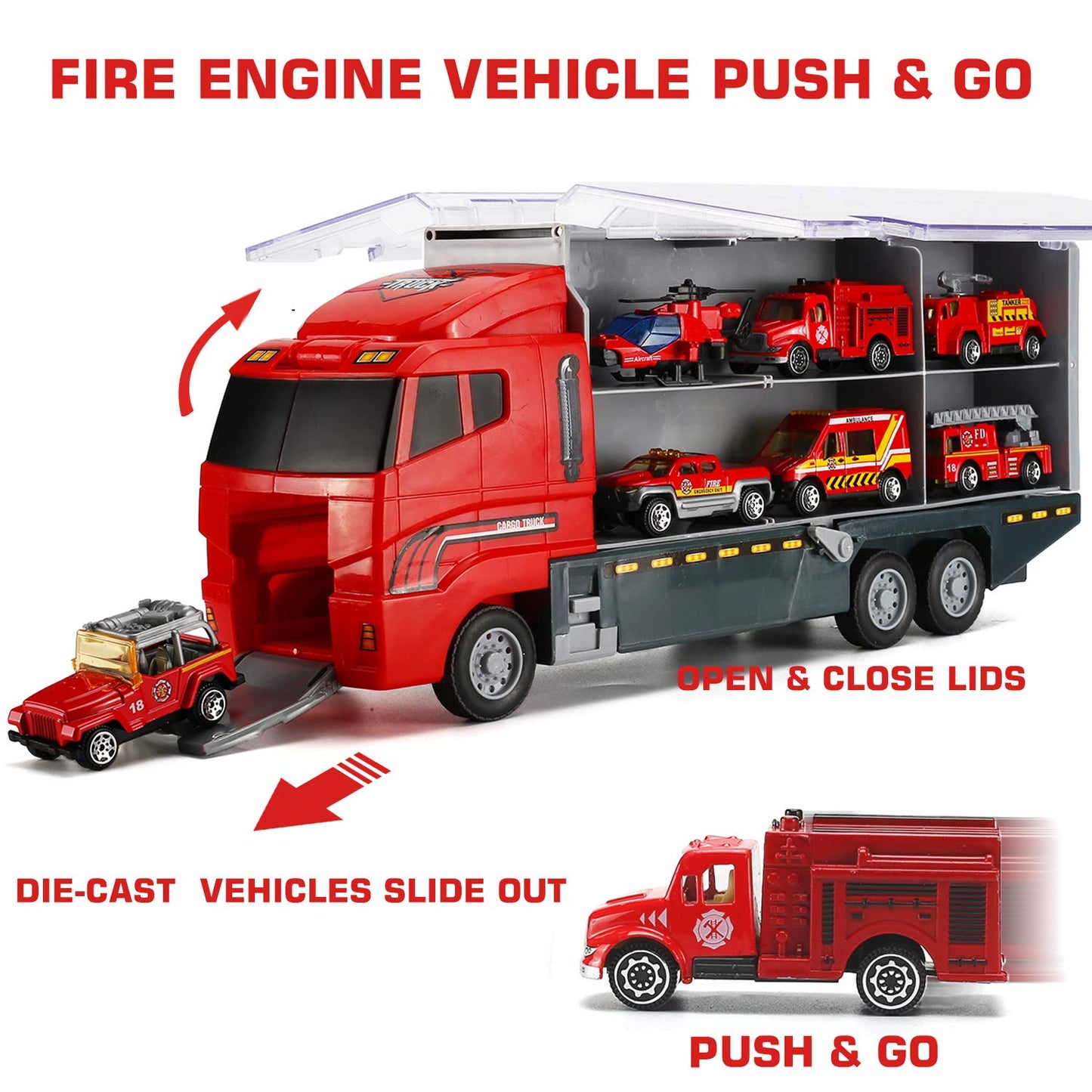 19 Pcs Fire Truck with Firefighter Toy Set, Mini Die-cast Fire Engine Car in Carrier Truck, Mini Rescue Emergency Double Side Tr