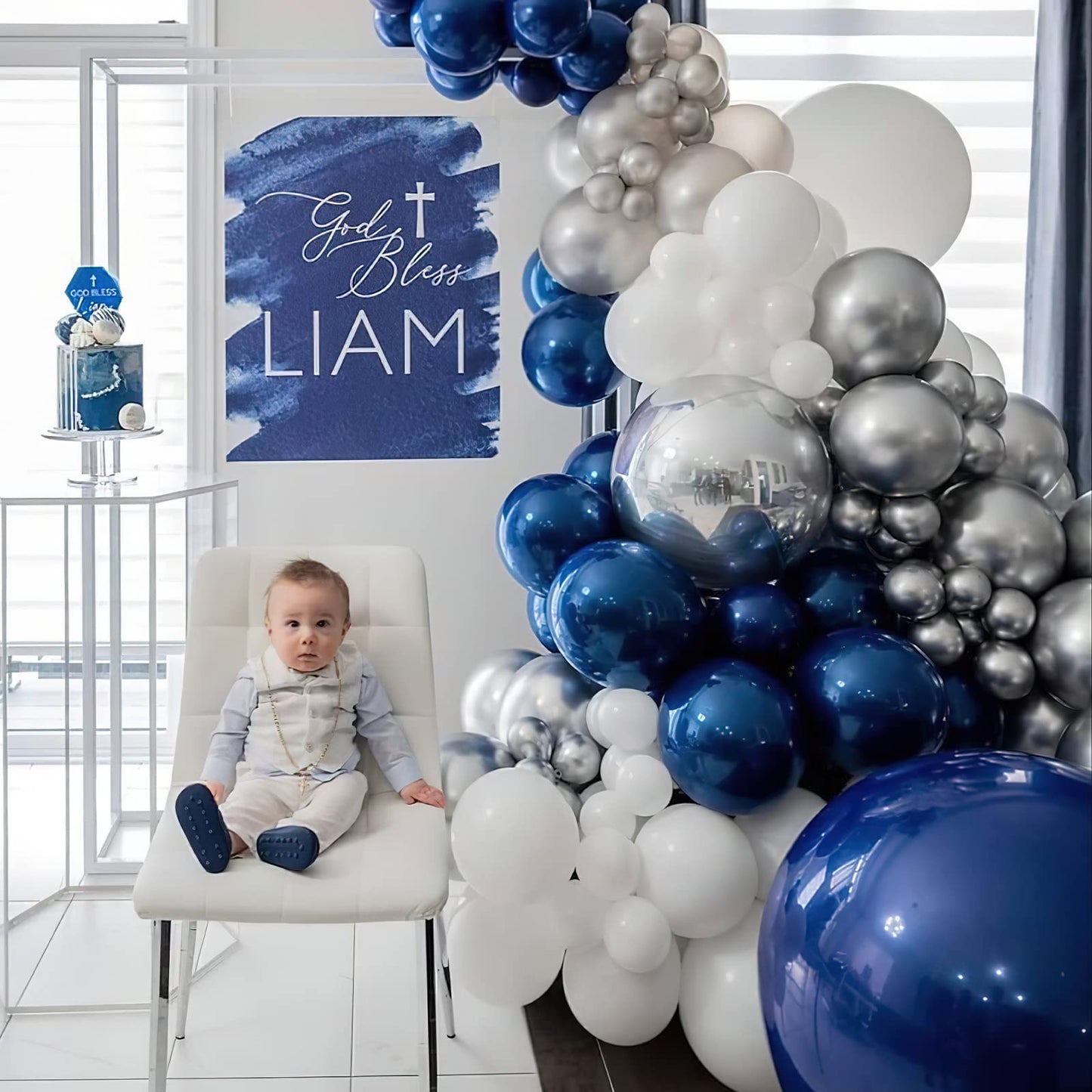 Partywoo 140 Pcs Blue And Silver Balloon Arch Kit, Blue Balloons Garland Kit With 4D Silver Balloons, Navy Blue Metallic Silver Balloons, Glitter Balloons For Birthday, Baby Shower, Wedding