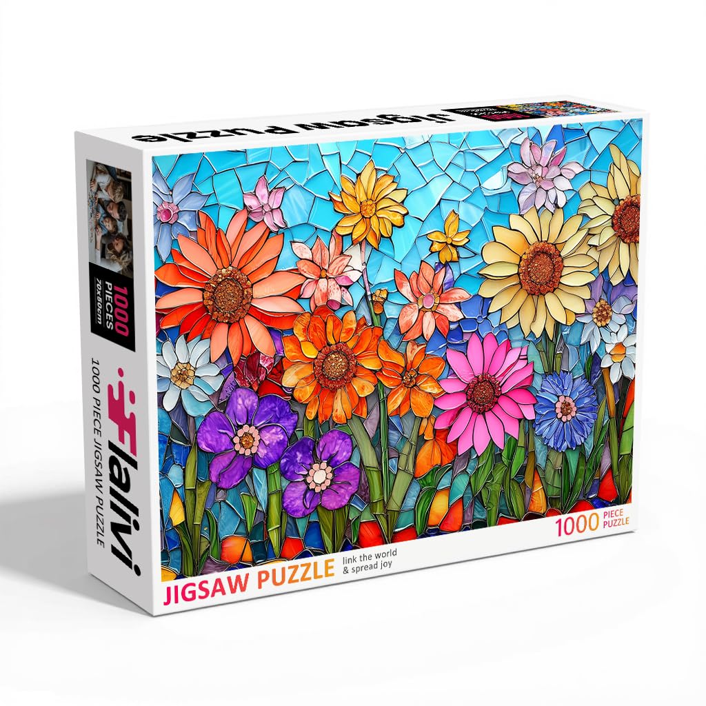1000 Piece Jigsaw Puzzle for mature-themeds - Stained Glass Mosaic Flowers Art  Colorful Daisy Garden Puzzle  Difficult Challenging Game  enhanced Recycled Gift for Women Men Teens