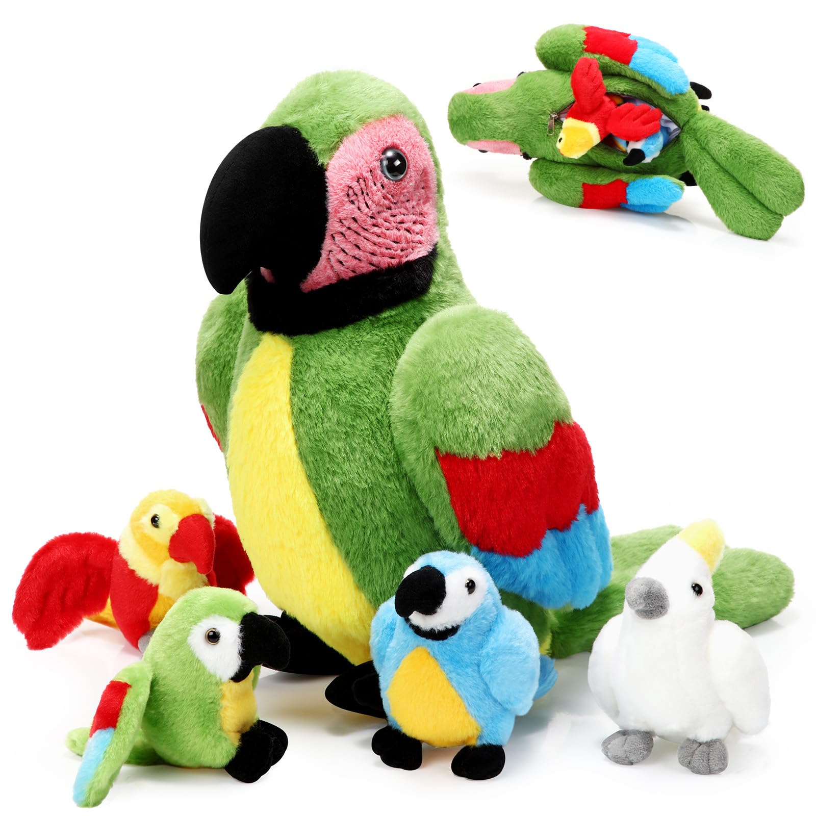 Meooeck 5 Pcs Christmas Macaw Parrot Plush Set 13 Inch Mommy Parrot Stuffed Animal With 4 Cute Plush Baby Parrot In Her Belly So