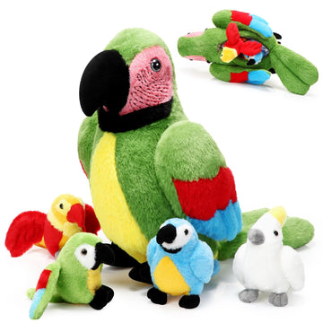 Meooeck 5 Pcs Christmas Macaw Parrot Plush Set 13 Inch Mommy Parrot Stuffed Animal With 4 Cute Plush Baby Parrot In Her Belly So