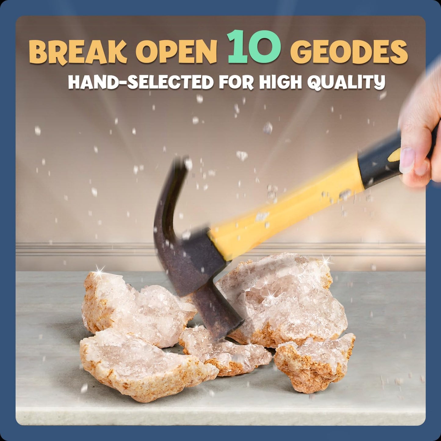 XXTOYS Break Open 10 enhanced Geodes with Crystals - Great STEM Science Gift for Mineralogy & Geology Enthusiasts of Boys and Girls for Any Age - Includes Goggles  Learning Guide & 2 Display Stands
