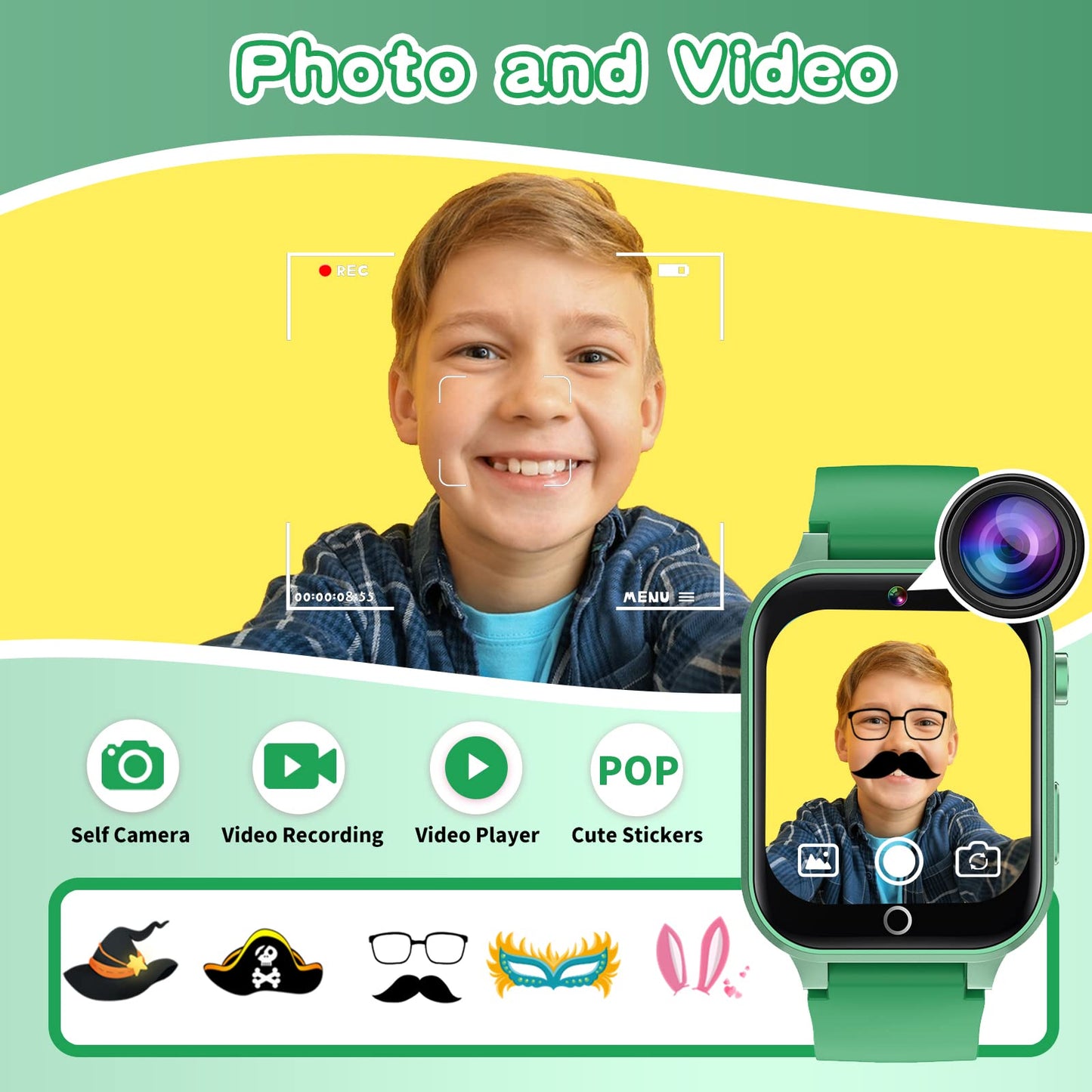 Cosjoype Kids Smart Watch Boys Gift For Age 6-10, 26 Games Touch Screen Hd Video Music Player Learning Cards Audiostory Pedometer Educational Toys Birthday Gifts For Girls Ages 4 5 6 7 8 Green