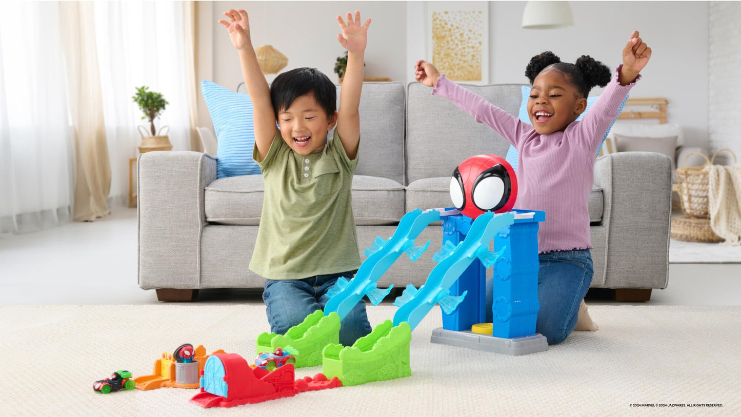 Spidey and his Amazing Friends Mega Jump HQ Track - 39-Inch Dual Race Track with Elevator, Web Tunnels, 2 Exclusive Vehicles, Multicolor