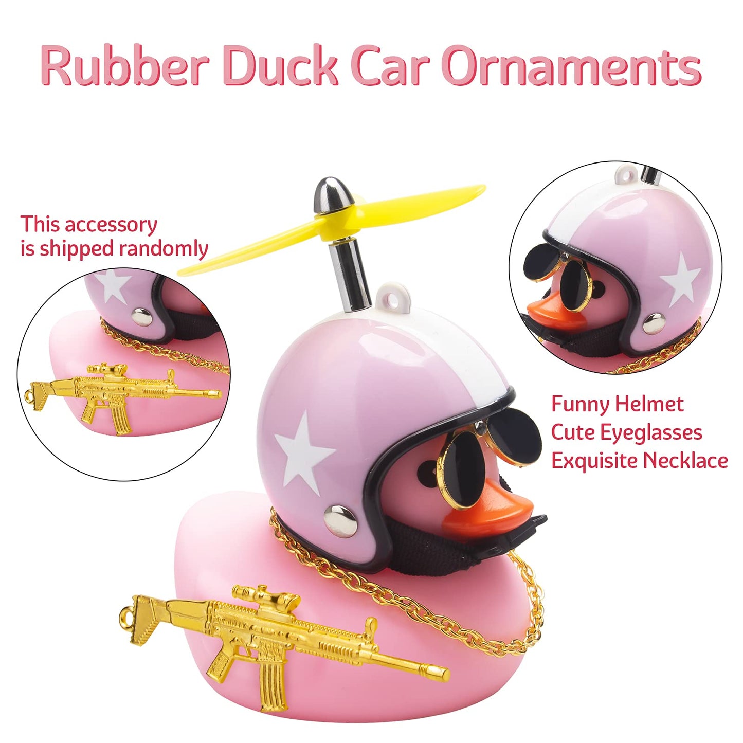 Wonuu Rubber Duck Car Ornaments Set - Pink Dashboard Decorations With Propeller Helmet, Sunglasses, and Gold Chain (W-Pink Hat W