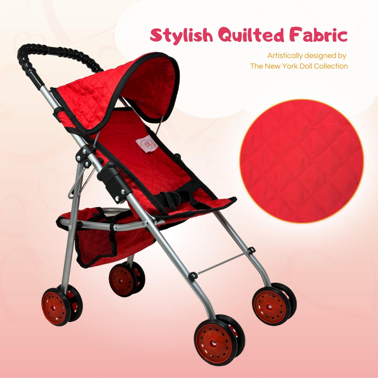 The New York Doll Collection My First Doll Stroller with Basket, Foldable Doll Stroller (Red Quilted)