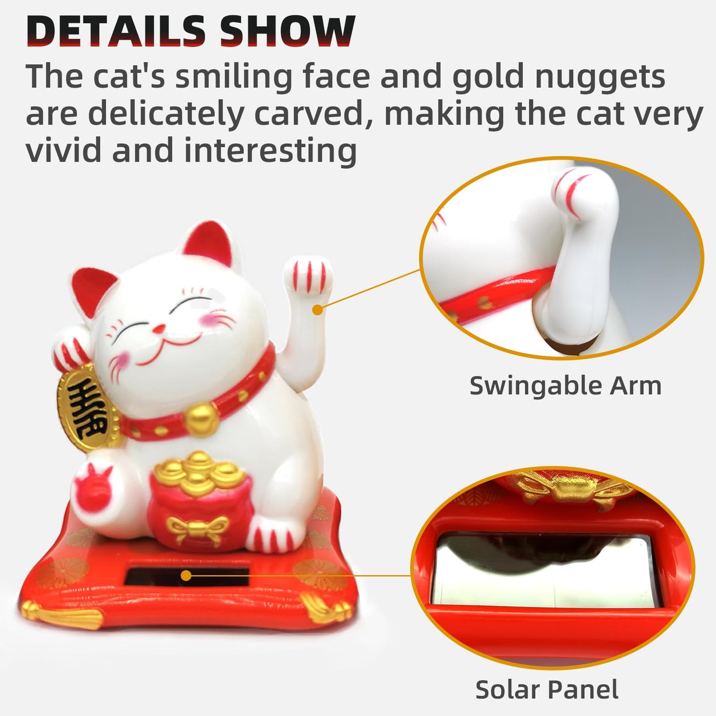 KOXXUD Lucky Cat Waving Arm Set, Vivid and Lovely Chinese Cat, Solar Fortune Cat Statue Decorations for Decorating Front Desk, C