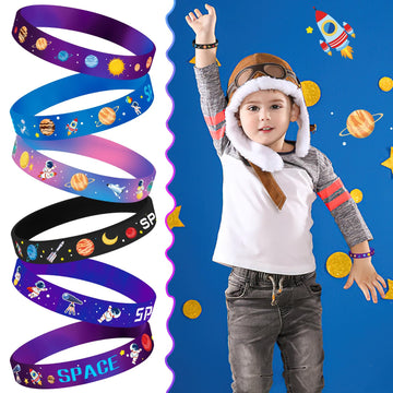 Junebrushs 42Pcs Outer Space Party Favors Silicone Bracelets Galaxy Astronaut Stars Space Rubber Wristbands Accessories For Students Space Themed Birthday Party Favors Decorations Supplies(6 Designs)