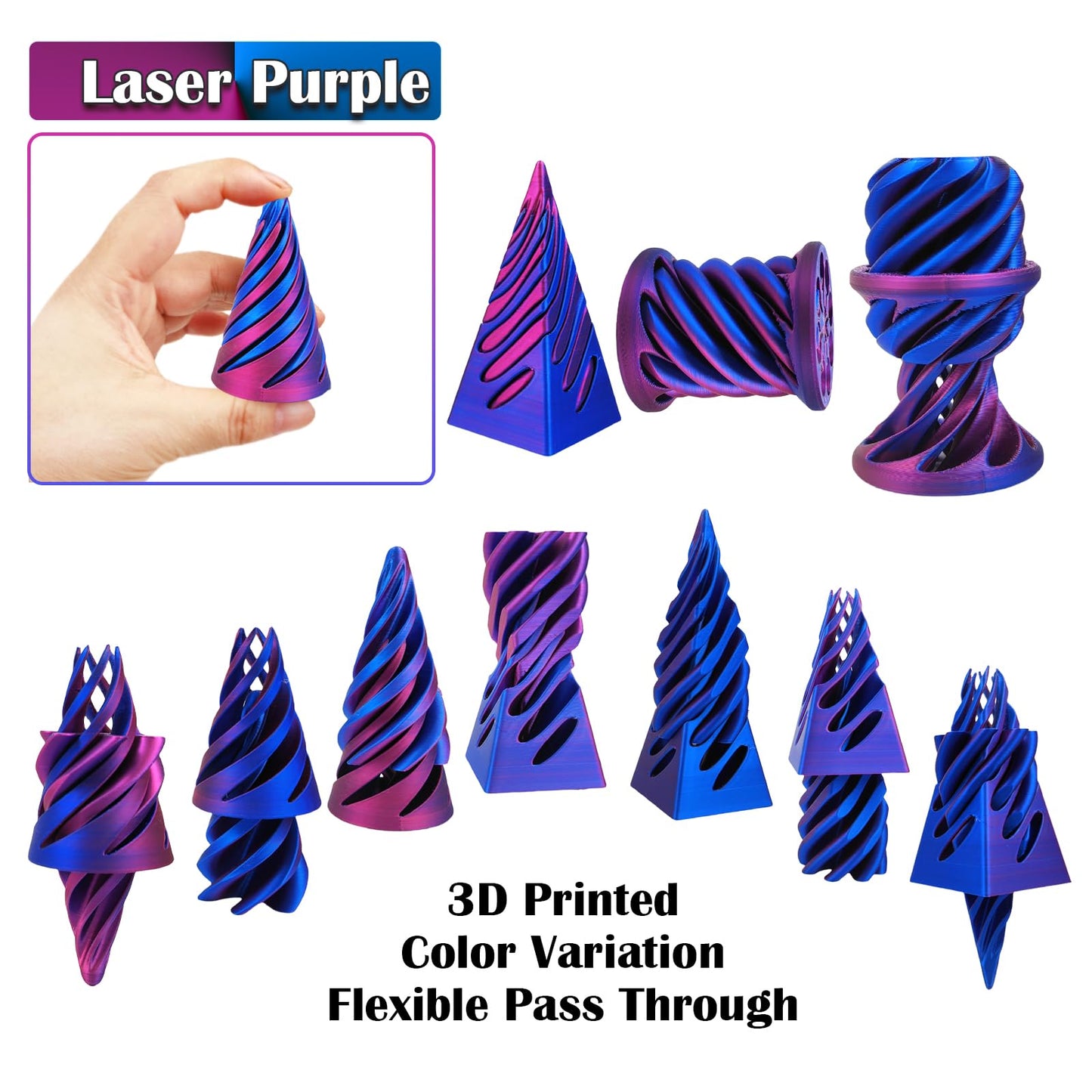 3D Printed Magic Pass-through Pyramid, Cone Fidget, Cylinder Anxiety Relief for Desktop - Decoration Set of 3, Laser Purple