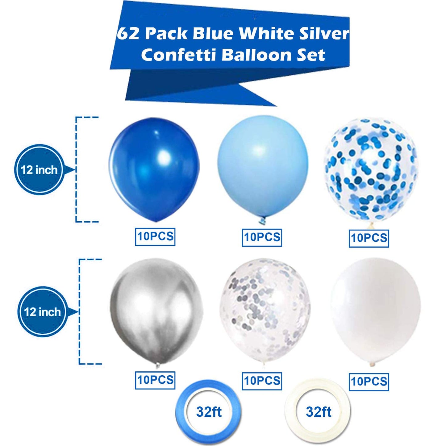 Oumuamua 62Pcs Blue Silver White Confetti Balloons Kit, 12 Inch White Royal Blue Metallic Silver Confetti Balloons For Boy Birthday Baby Shower Graduation Party Supplies