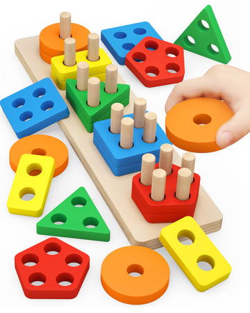 Pebira Montessori Toys For 1 To 3-Year-Old Boys Girls Toddlers, Wooden Sorting & Stacking Toys For Toddlers And Kids Preschool, Educational Toys, Color Recognition Shape Sorter, Learning Puzzles Gift