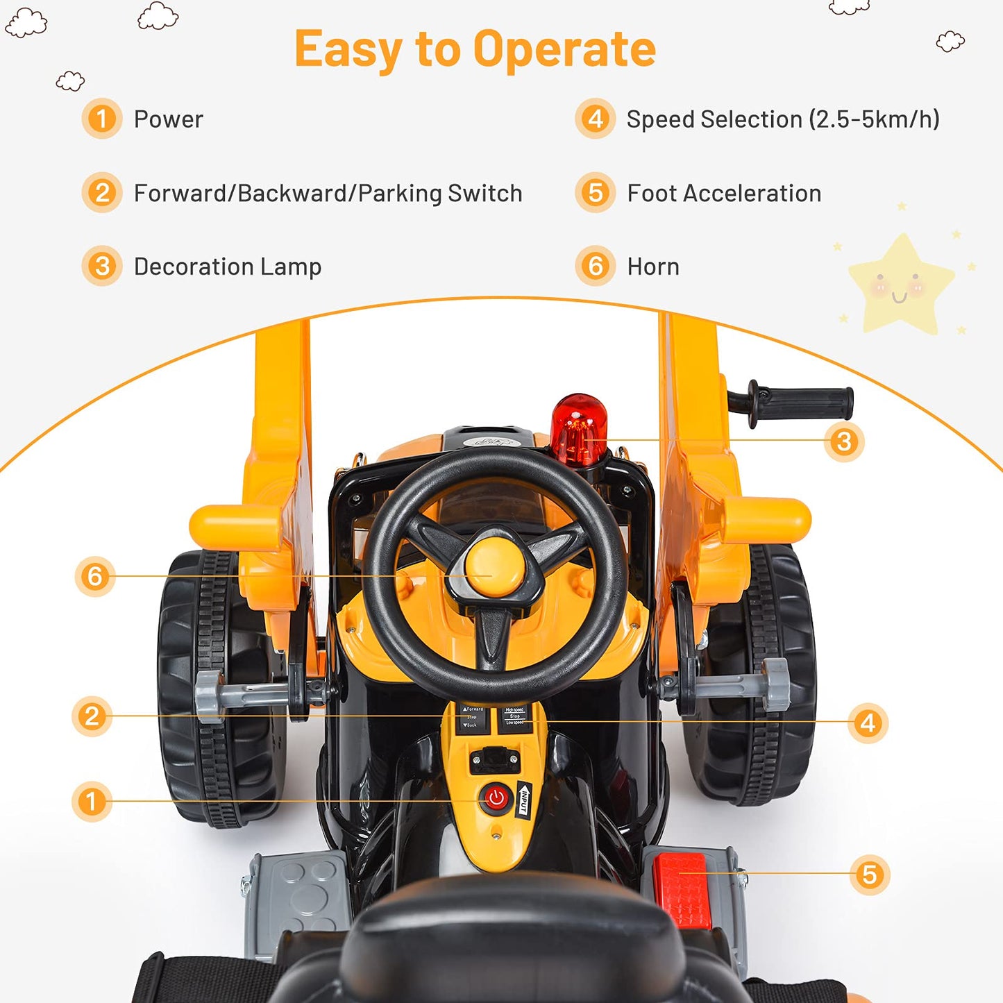 Honey Joy Ride On Excavator, 12V Battery Powered Construction Vehicles For Kids, Front Loader Shovel W/Horn, 2 Speeds, Forward/Backward, Safety Belt, Kids Bulldozer For Boys Girls(Yellow)