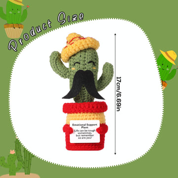 Funny Positive Cactus Crochet Potato Toy, 6.69 Inch With Mustache Knitted Fabric With Encouragement Card Wool Emotional Support Plush Plant Doll For Party Gifts Mexican Cinco De Mayo Carnivals
