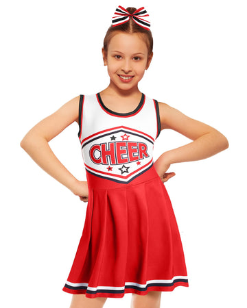 Jenpen Cheerleader Costume Cheerleading Outfit Dress Cheer Uniform With Bow Halloween Dress Up Gifts(3-5 Years,Red)